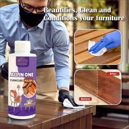 Beautifies, cleans, and conditions furniture with All-in-One Furniture Polish. Before and after results show restored wood shine.