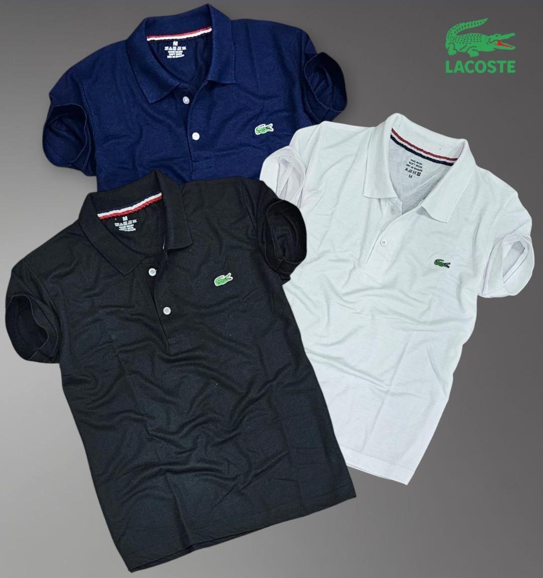 Men's Matty Polo T-Shirts Pack of 3 in black, white, and navy blue with embroidered Lacoste logo. Stylish and comfortable slim-fit design for casual wear.