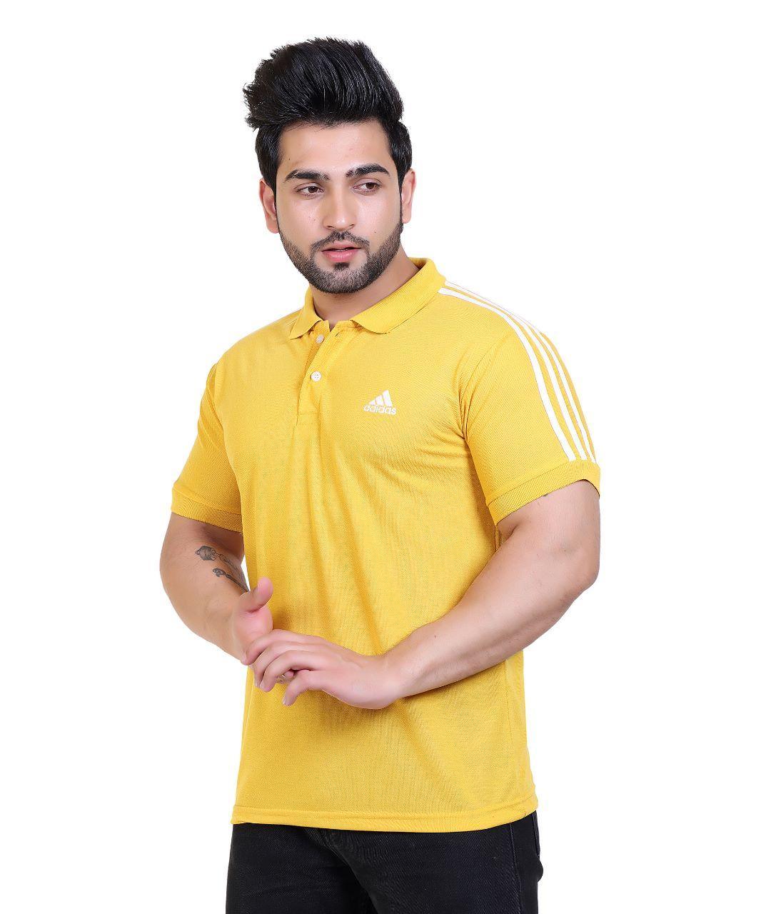 Matty Solid Half Sleeves Men's Polo Neck T-Shirt in yellow with white shoulder stripes. Features a polo collar, half sleeves, and a regular fit.