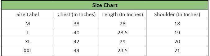 Size chart for men's cotton printed half sleeves round neck T-shirt, displaying chest, length, and shoulder measurements for M to XXL sizes.