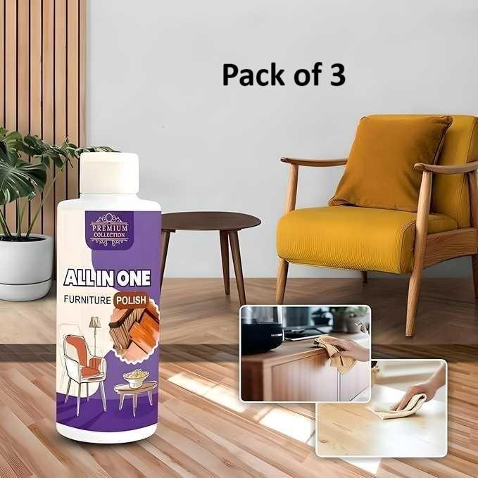 Pack of 3 All-in-One Furniture Polish for wood surfaces. Cleans, shines, and protects wooden furniture and flooring for a spotless finish.